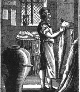 Engraving of a man working with wool. He is standing in front of a large basket of wool.