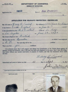Document in which Henry provides his address, his date of naturalization (June 17, 1927) and former allegiance (British)