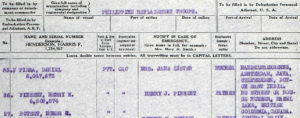 Typed record of Henry Pinsent's departure with the Philippine Replacement Troops. His serial number is 6,509,874.