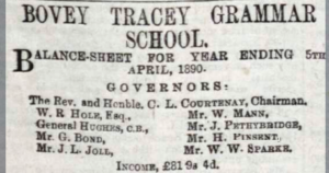 Clipping from a newspaper describing Mr. H. Pinsent as a governor of the Bovey Tracey Grammar School. Its income is listed as 81 pounds, 9 shillings.