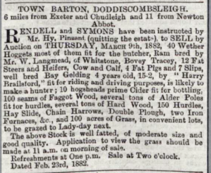 News clipping announcing an auction at Town Barton on March 9, 1882. The auction includes barnyard animals, a horse, cider, wood, and farming equipment.