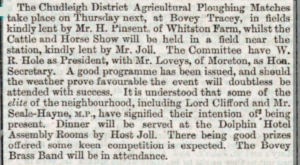 News clipping describing Henry lending his fields to host the Chudleigh District Agricultural Ploughing Matches. It talks about the anticipated success of the event and the potential attendance of the elite of the neighbourhood.