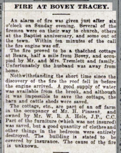 Article describing the cottage fire as taking place just after 6 PM on Sunday evening. It was a thatched cottage and the roof fell in before the engine arrived. The cause of the fire was unknown.