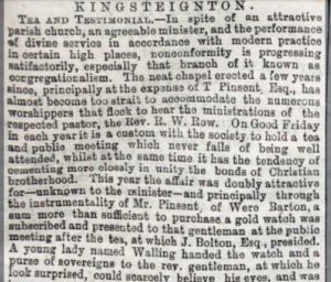 News clipping describing the custom to hold a tea and meeting every Good Friday. This year, Gilbert Pinsent donates enough to buy a gold watch for the pastor.