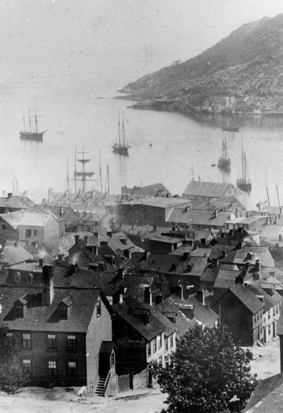 A black and white photograph looking out over St. John's to the harbour beyond. Sailboats dot the water.