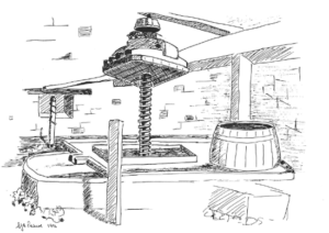 Pen illustration of a simple machine. It has a heavy, flat press at the top of a huge, sturdy screw.
