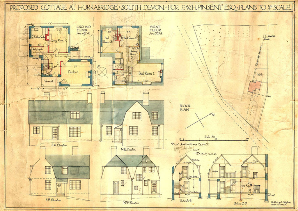 Faded architectural plans for the construction of Higerfield.