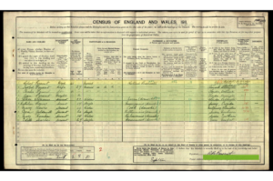 Census document with handwritten entries for the Pynsent family and their servants: Kathleen Reeves, 14; Mary Lewis, 49; Cora Goldsmidt, 20; Mary Kamber, 35; Edith Scarle, 24.