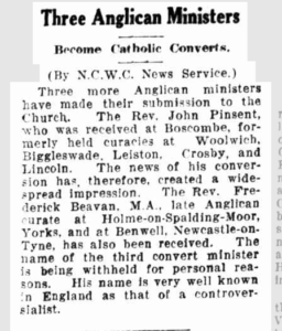 Newspaper article describing John Pinsent as a Catholic convert.