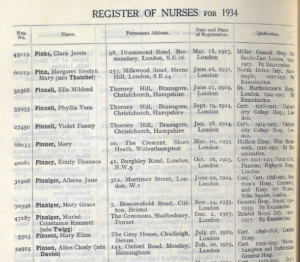 Typed Register of Nurses for 1931. Mary Eliza Pinsent is registered on July 21, 1922, London.