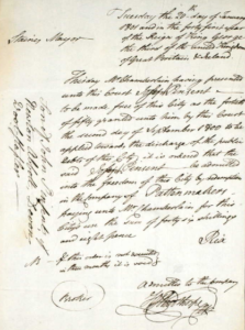 Handwritten document granting Joseph membership in the Patternmakers guild.