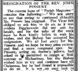 Newspaper article recounting Rev. John Pinsent's resignation thanks to ill health.