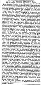 Obituary titled "the late Joseph Pinsent, esquire" that describes his life and politics.