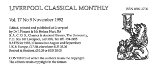 Reads "Vol. 17, No. 9. November 1992. Edited, printed, and published at Liverpool by Dr. J. Pinsent & Ms. Helena Hurt, BA S. A. C. O. S., Classics & Ancient History, the University" and includes a PO box address and prices.