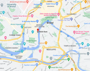 Modern map from Google Maps of Bristol and its docks.