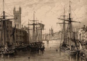 Etching of sail ships in a harbour.