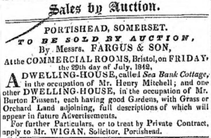 Newspaper clipping titled "Sales by auction" It notes the sale of a dwelling house in the occupation of Burton Pinsent. It has good gardens, grass, or orchard land adjoining. The sale is done by Messrs. Fargus & Son.