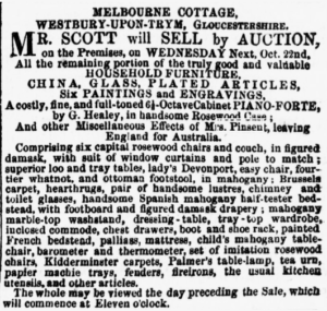 News clipping advertising a sale by auction. It describes furniture, paintings, a piano, and any number of household items.