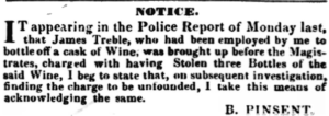 A notice in a newspaper in which B. Pinsent admits that he made a false charge against James Treble.