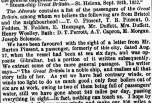 News clip that lists the passengers of the Great Britain, which include T. O. Pinsent and T. B. Pinsent. It notes receipt of a letter from Burton Pinsent that talks of contrary winds, boilers not working, traveling onward.
