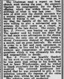 Newspaper excerpt describing Rev. John Pinsent's resignation as of April 21.