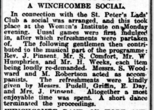 Newspaper clipping describes Rev. Pinsent performing music at a Winchcombe social event.