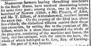 Newspaper recounting threats sent to John Pinsent and others. One property burns.