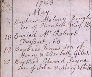 Handwritten entry describing Mr. Robert Pinsent, age 63, as buried on May 18th.