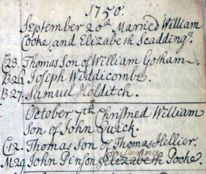 Handwritten record of John Pinsent and Susanna Pooke.