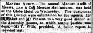 Short newspaper clipping describing the annual Manure Audit of Messers. Law & Co Manure Manufacturers, at which customers were entertained to a fine dinner.