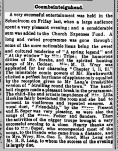 News clipping describing a series of musical performances, including a vocal duet by Miss. Pinsent.