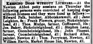 News clipping with the headline 'Keeping dogs without licenses'. It lists a handful of names and professions of those fined, including John Pinsent.