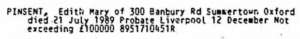 Edith Mary Pinsent's typed probate entry, listing her address and net worth.