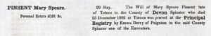 A typewritten notation detailing the probate of Mary Speare Pinsent's will.
