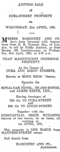 News clipping describing the auction of a "magnificent freehold property at the corner of Cuba and Dixon Streets".
