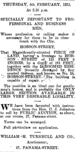News clipping offering property for sale for "specifically important to professional and business men" in need of a place to live close to the city.