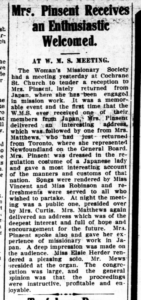 Newspaper article titled Mrs. Pinsent receives an enthusiastic welcome, describing her talk to a Women's Missionary Society meeting. 