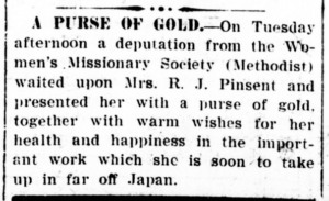 Newspaper clipping titled 'A purse of gold' in which Annie is presented with the purse as a gift.