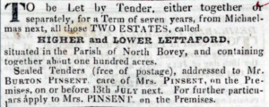 News clipping advertising the rental of two estates called Higher and Lower Lettaford. It would be for a term of 7 years. 