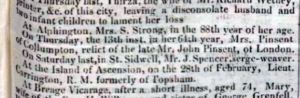 Small newspaper excerpt describing the death of Susanna Pinsent in 1830. 