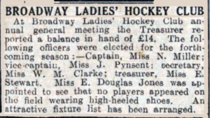 News clipping listing J. Pynsent as a vice-captain. Another person, Miss E. Douglas Jones, was appionted to ensure no players appeared on the field wearing high-heeled shoes.