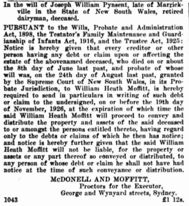 News posting. It announces that Joseph William Pynsent has died and that any creditors to whom Pynsent owed money should send notice of that fact in writing to William Heath Moffitt.