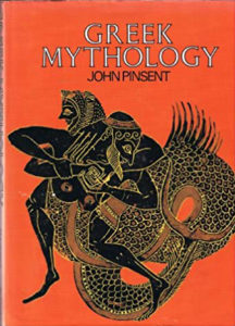 Old book cover featuring a drawing of a man wrestling a serpentine monster in an ancient Greek style. Reads Greek Mythology by John Pinsent.