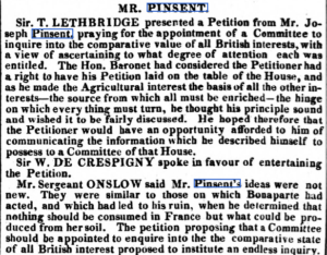 An excerpt from a newspaper. It recounts that Joseph Pinsent's petition was presented and considered on its merits.