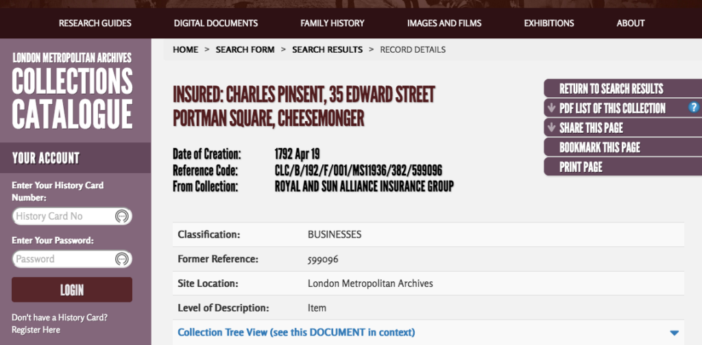 Screenshot of the London Metropolitan Archives Collections Catalogue entry showing Charles Pinsent, cheesemonger, having insurance under Royal and Sun Alliance Insurance Group.