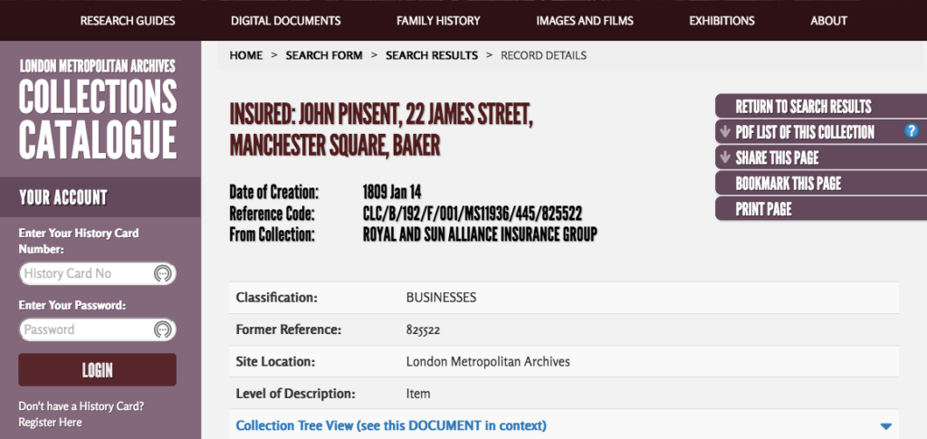 Screenshot of the London Metropolitan Archives Collections Catalogue entry showing John Pinsent, baker, having insurance under Royal and Sun Alliance Insurance Group.