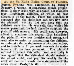 News clipping describing how Burton Pynsent had been summoned to court. He is asked to explain why he should not maintain four illegitimate children of which he was alleged to be the father. He did not deny that the children were his. He claimed he paid money when he could but could not afford to continue. The ultimate agreement was the plaintiff would pay for the eldest child. 