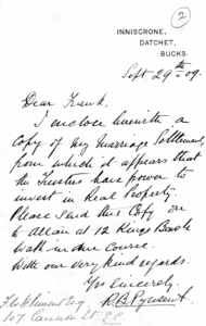 Handwritten letter. In it, R. B. Pynsent gives a copy of his marriage settlement. It says the trustees have the power to invest in Real Property.  It then gives further instructions for the copy.