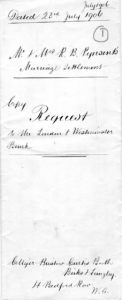 Handwritten front page of the marriage settlement. Copy request to the London & Westminster Bank.