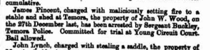 Brief clipping describing James Pinsent being charged for starting a fire on the property of John W. Wood.